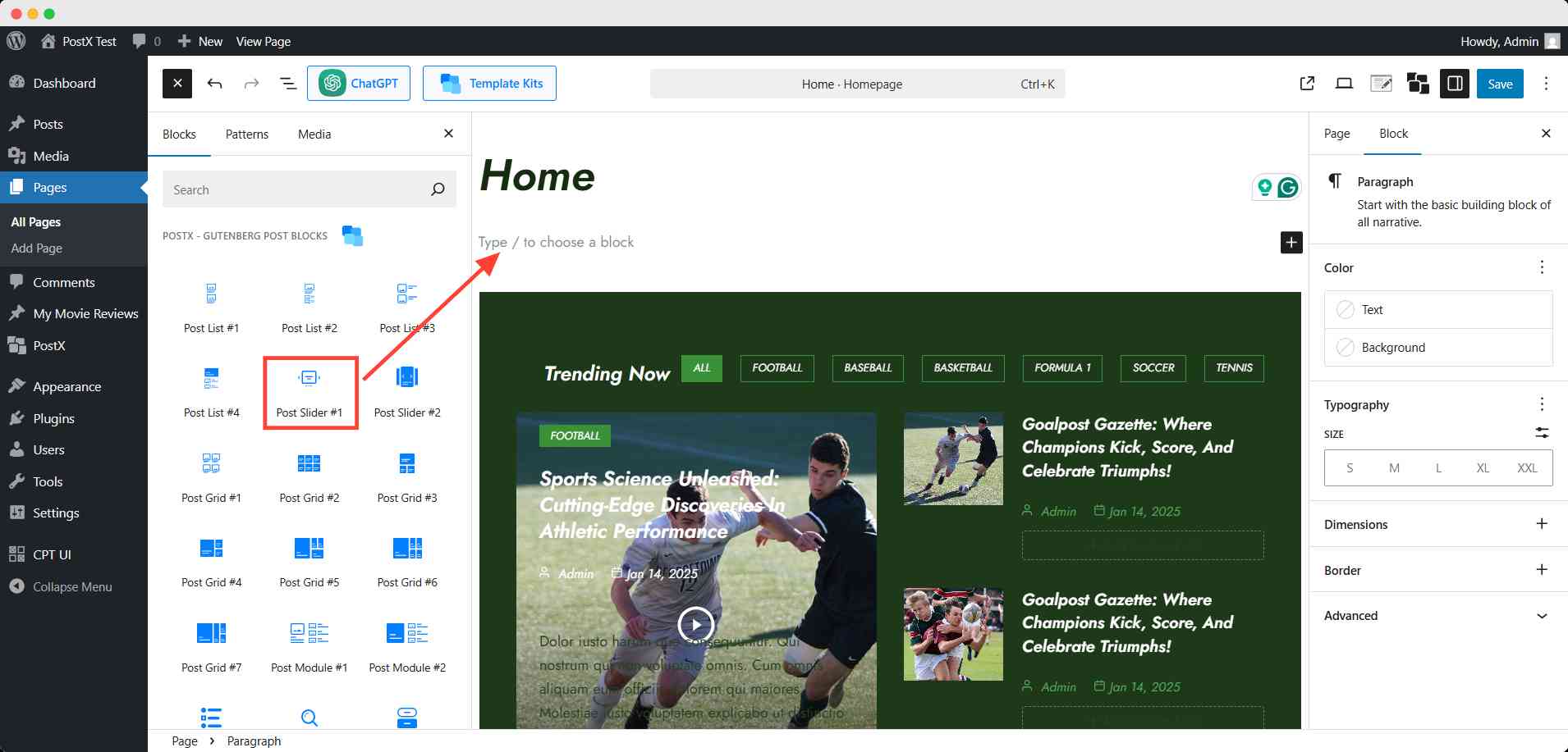 add post slider block