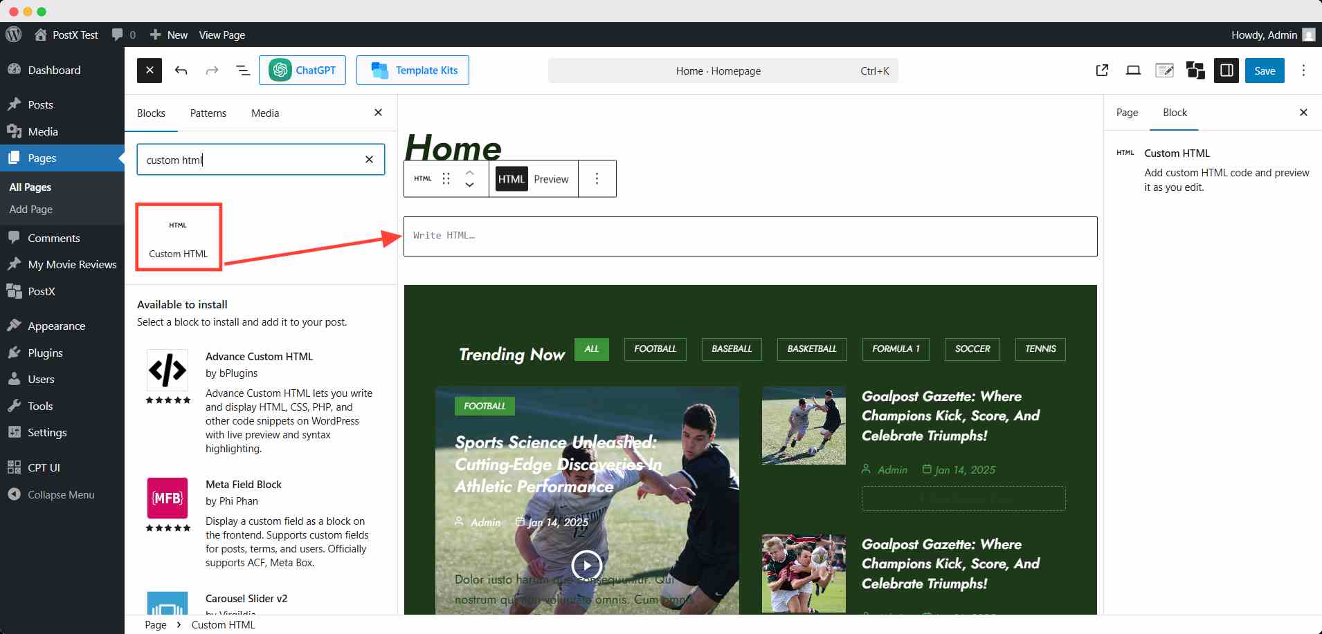add custom html block