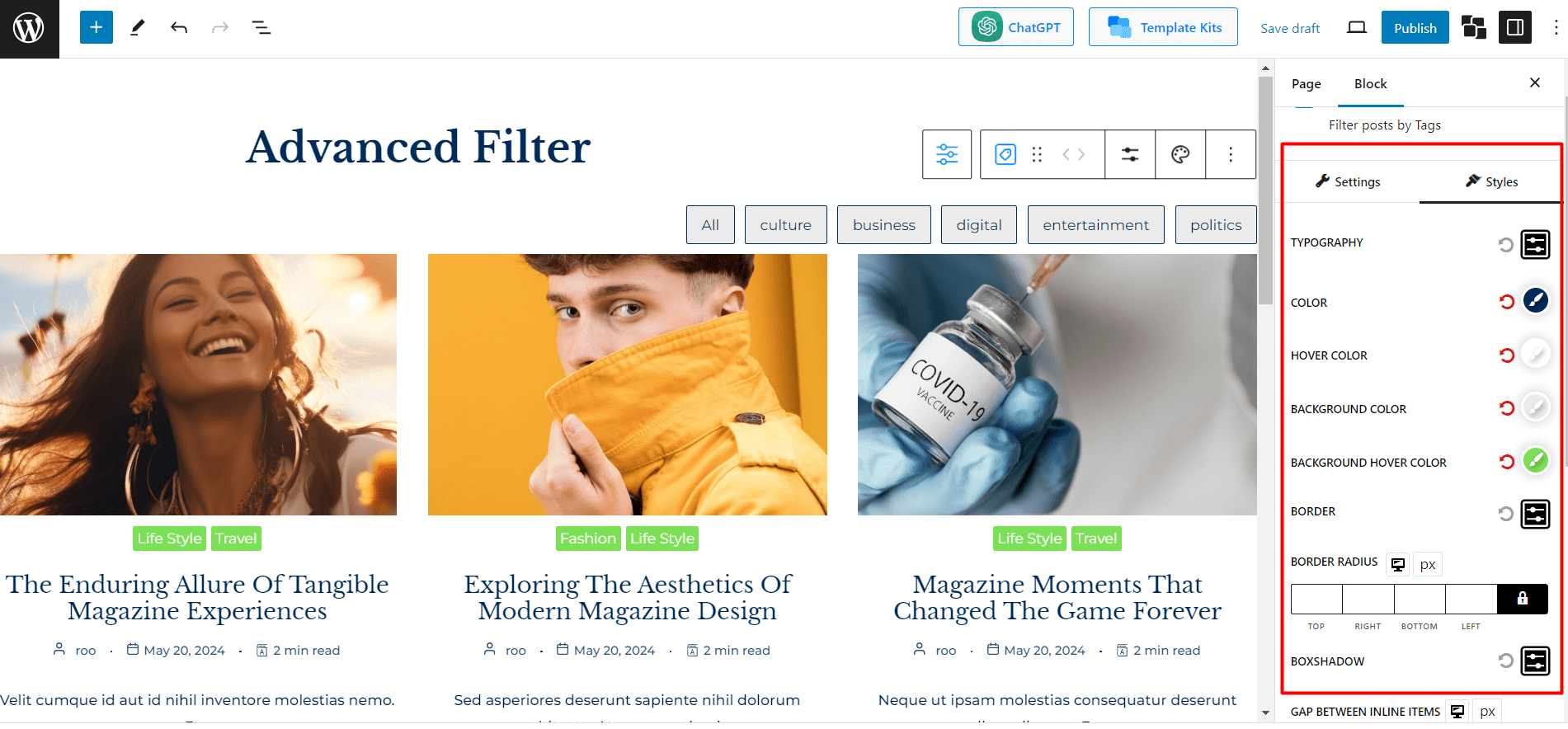 Style Customization Options for Tag Filter