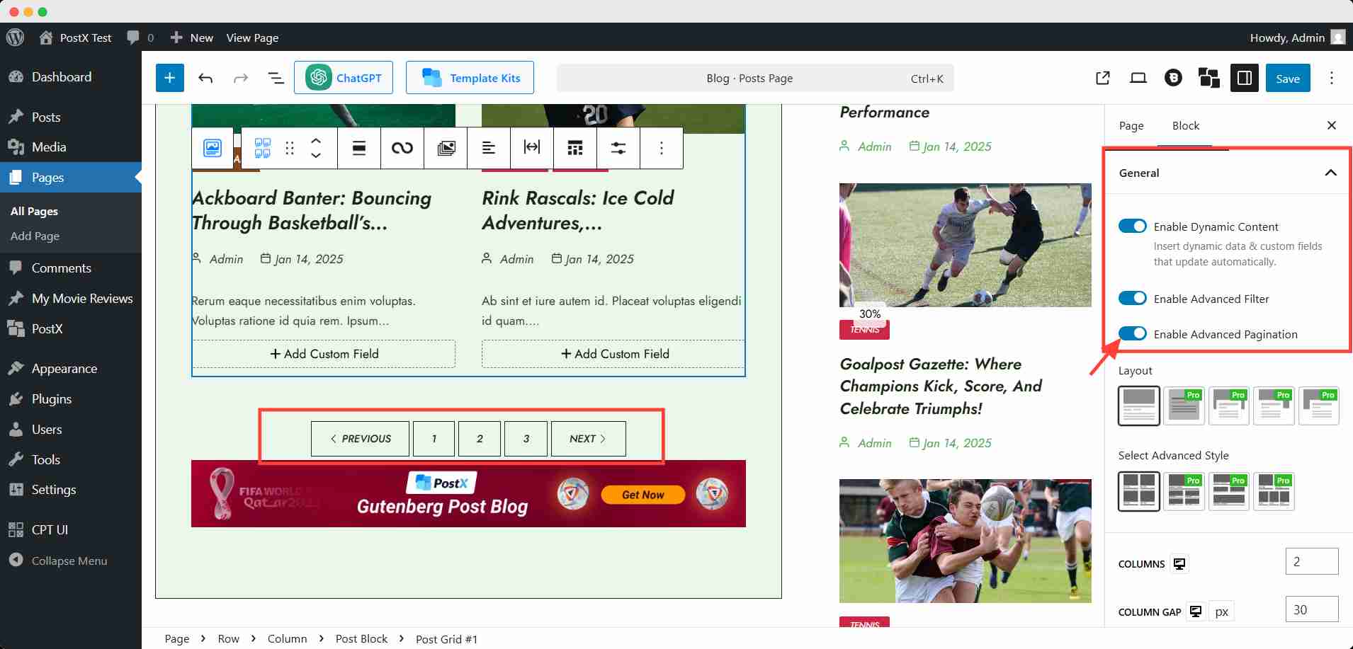 Turn on the pagination option in the post grid/list