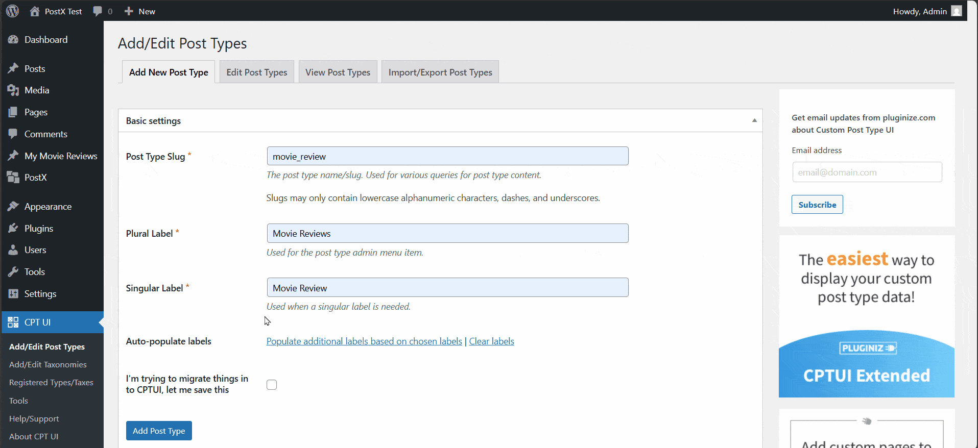 Custom post type settings