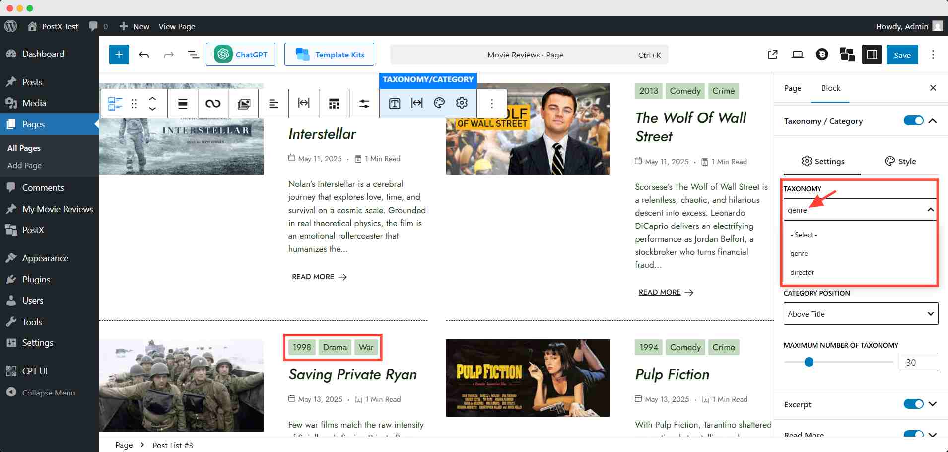 show custom taxonomy on post list