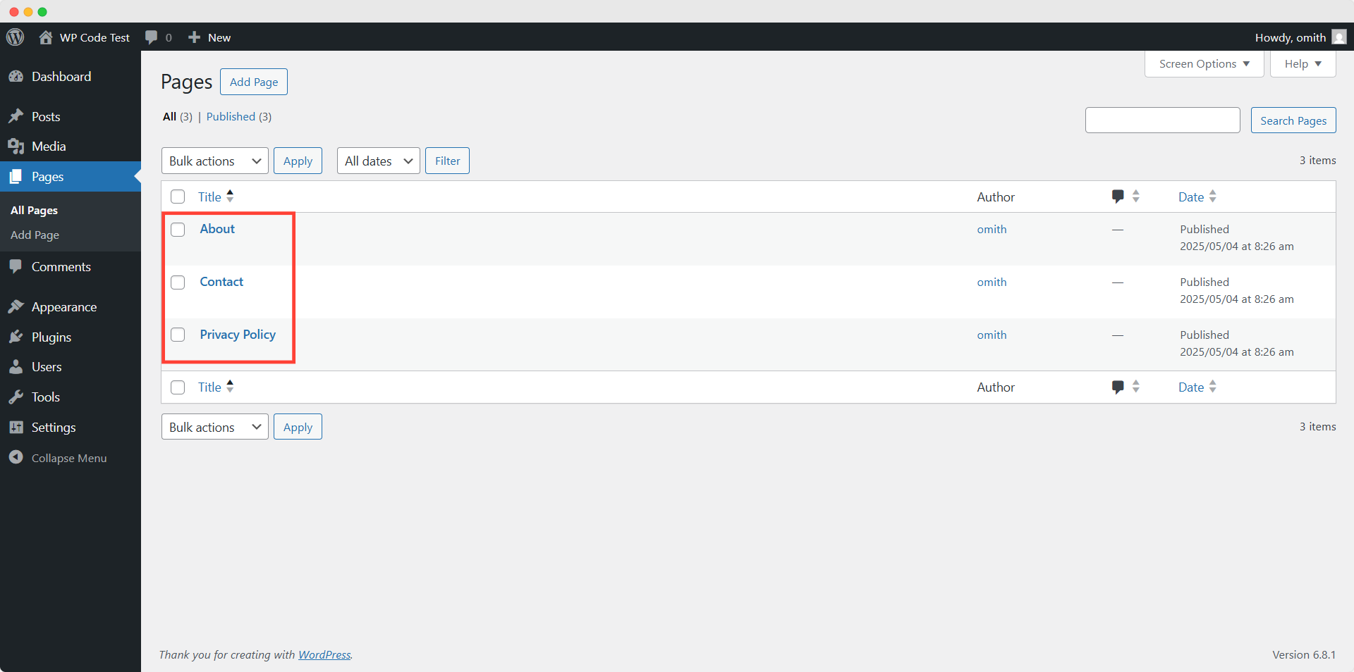 Programmatically created pages