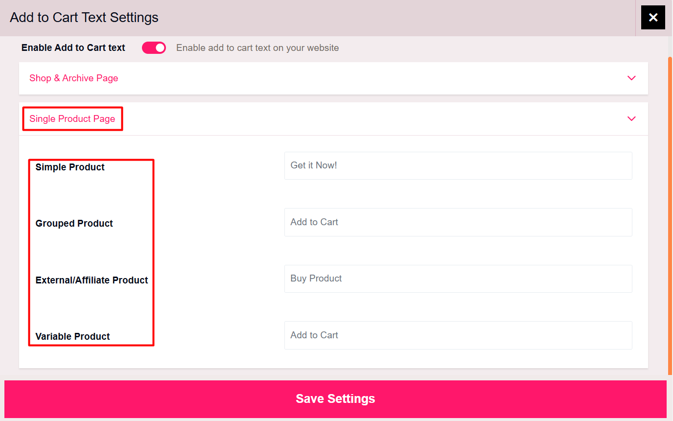 Settings for different types of products
