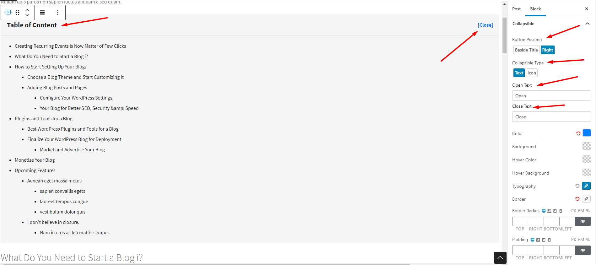 Table of Content Collapsible Setting