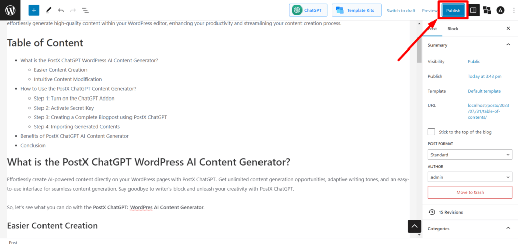 Publish the Table of Content Post