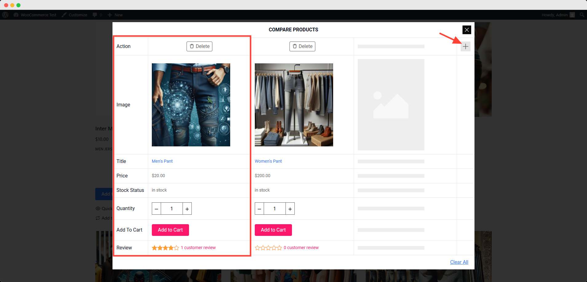 compare products in woocommerce