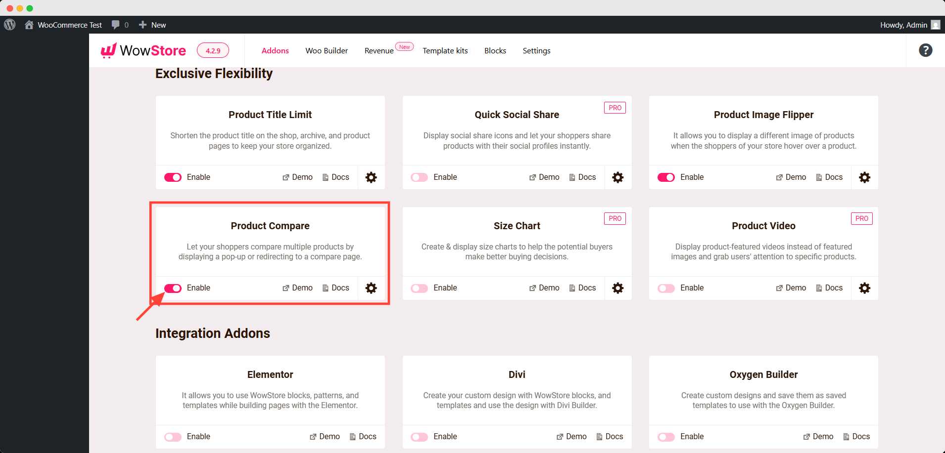 Enable the Product Compare addon