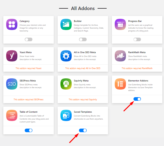 Turn on Elementor and Save Templates Addons