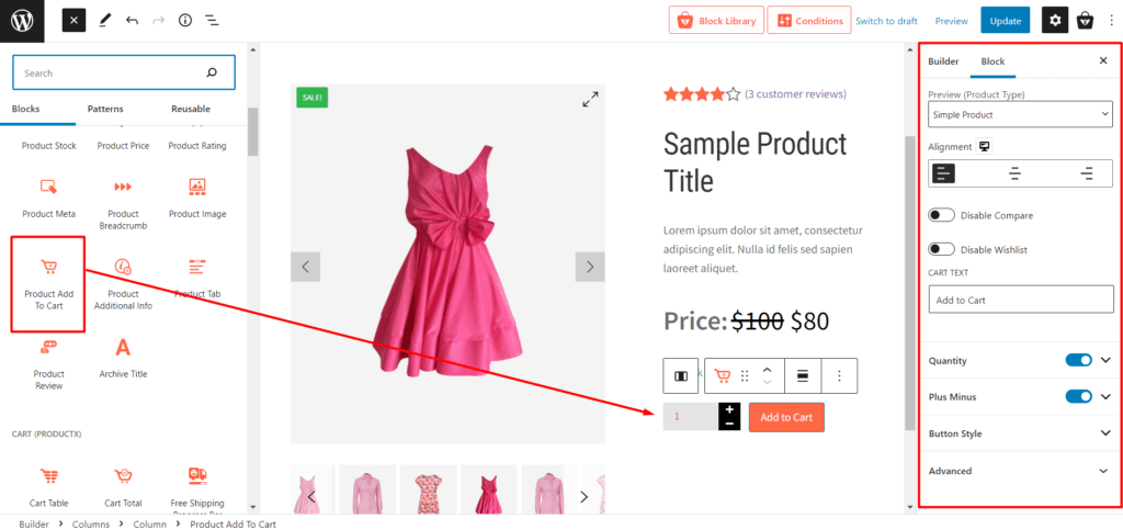 add and customize product add to cart block