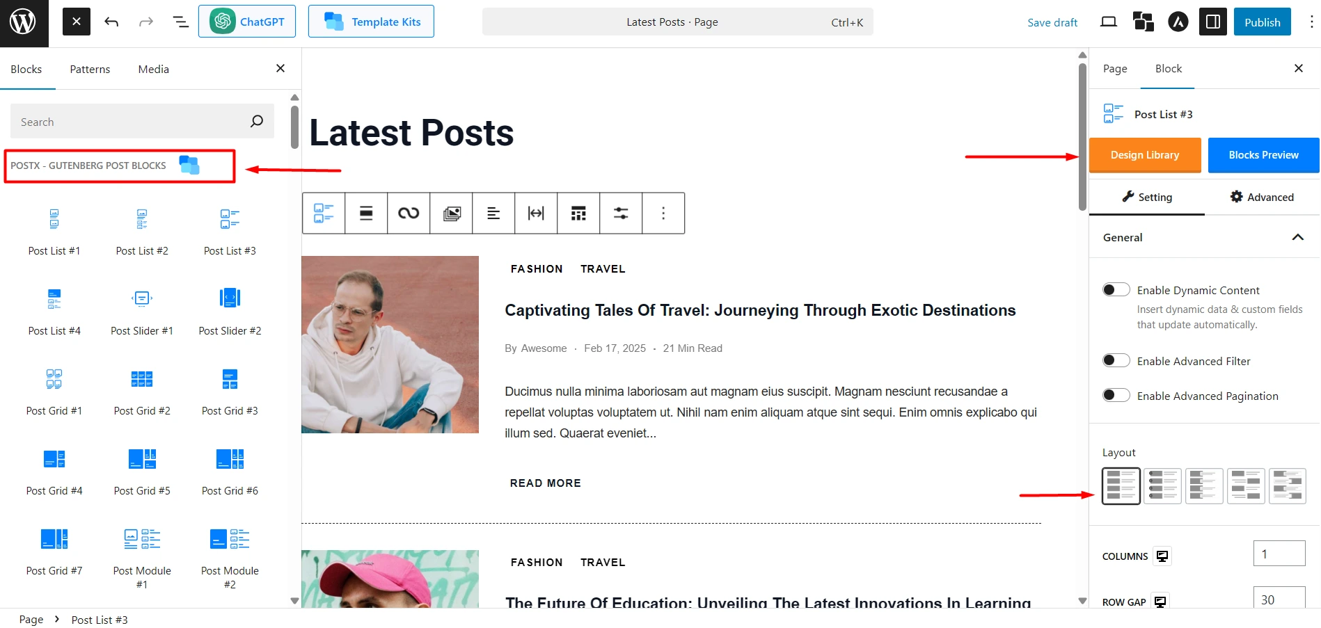 using Post List blocks from PostX