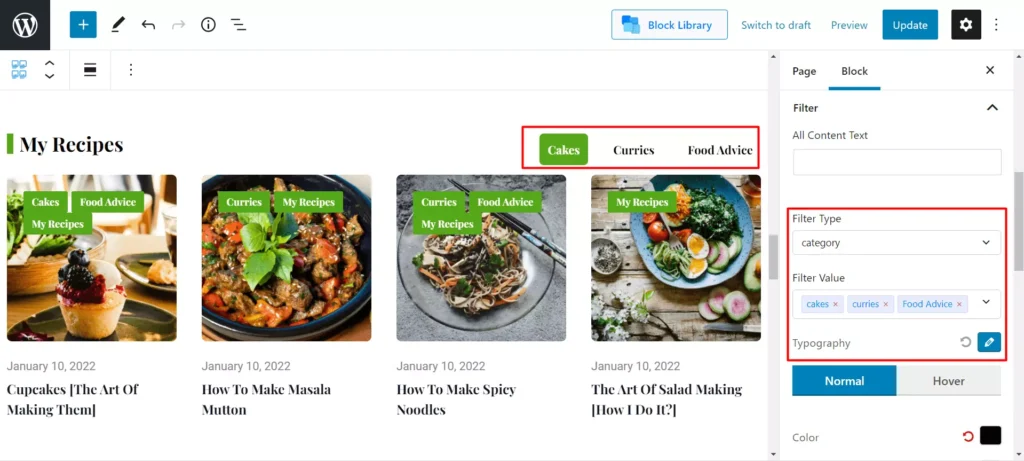 AJAX Filter Settings for Food Recipe Blog