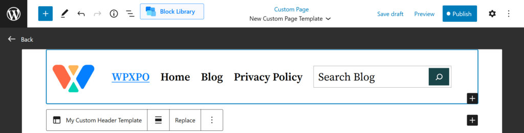 Custom header template for the custom WordPress page template 