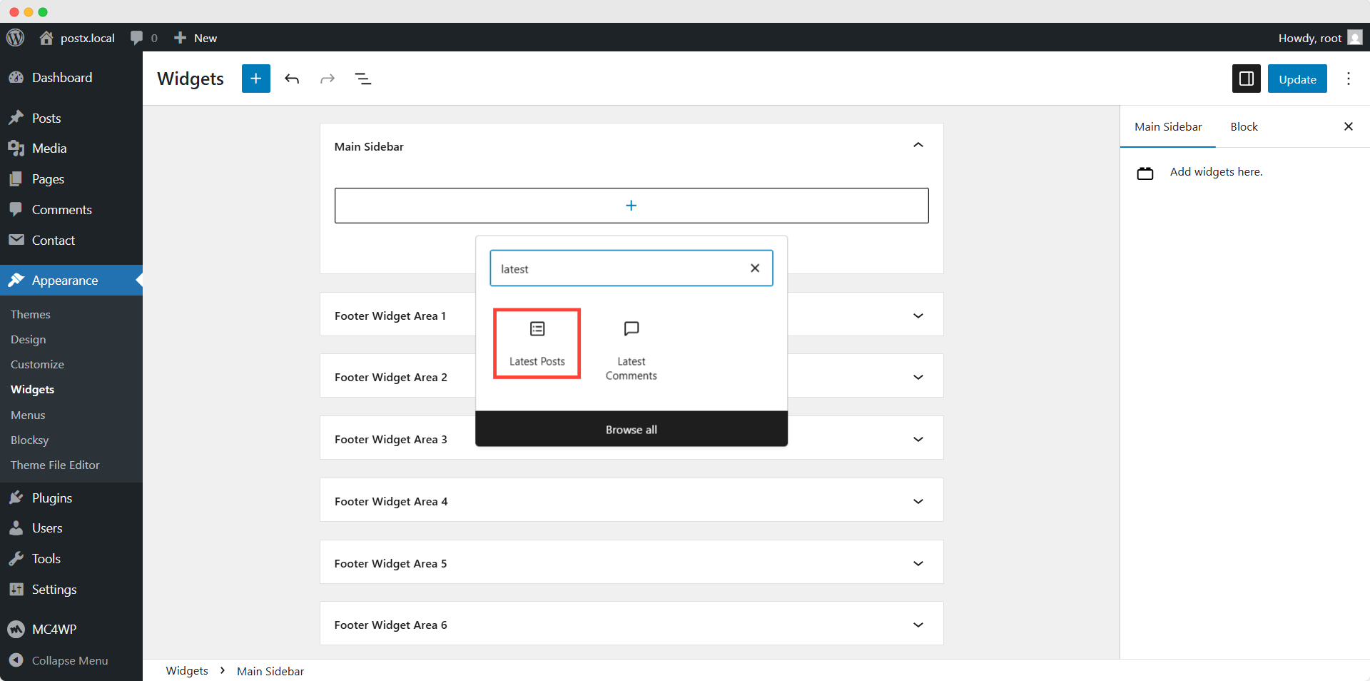 adding latest posts block to widget