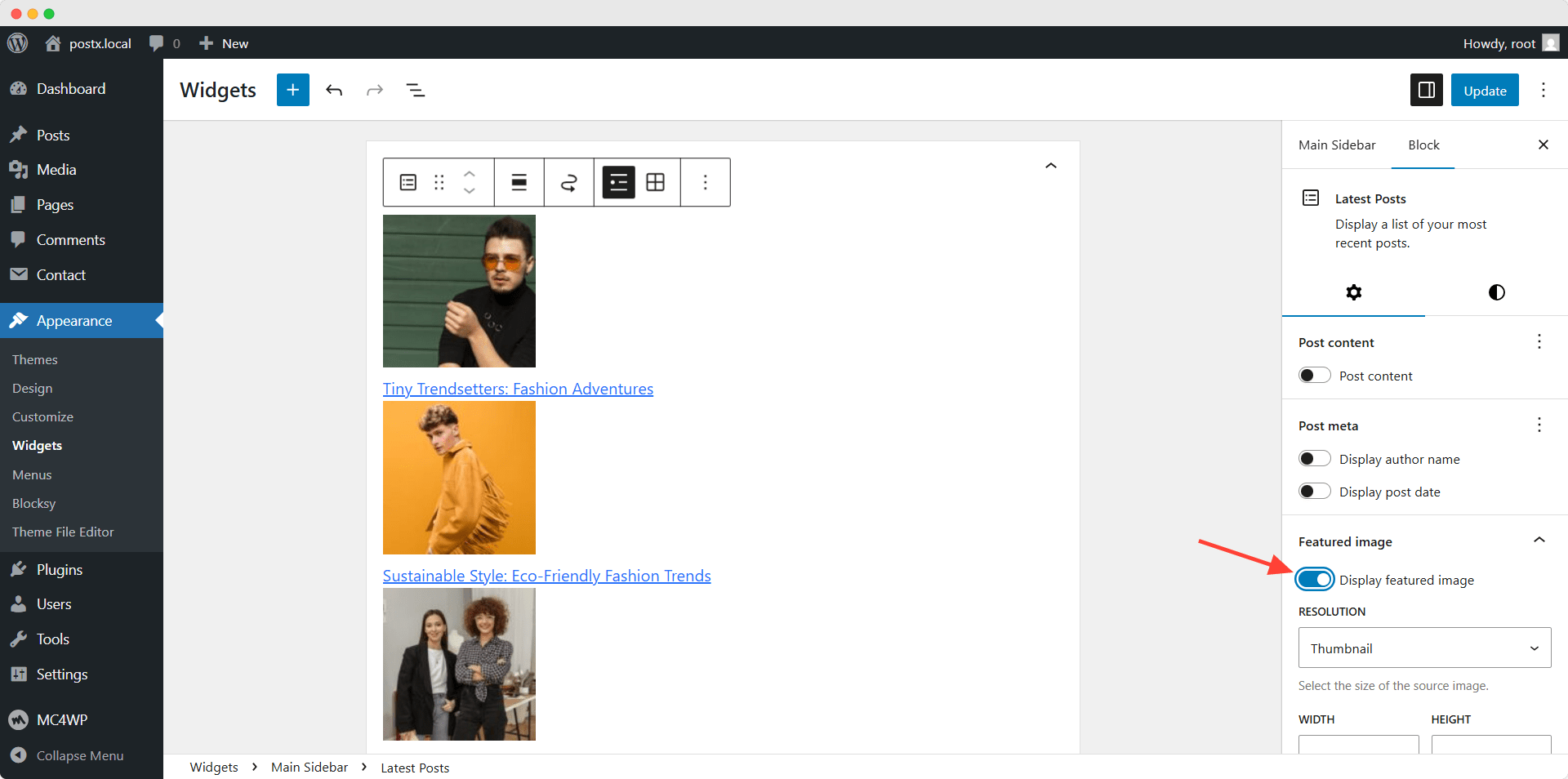 enabling thumbnails of recent posts