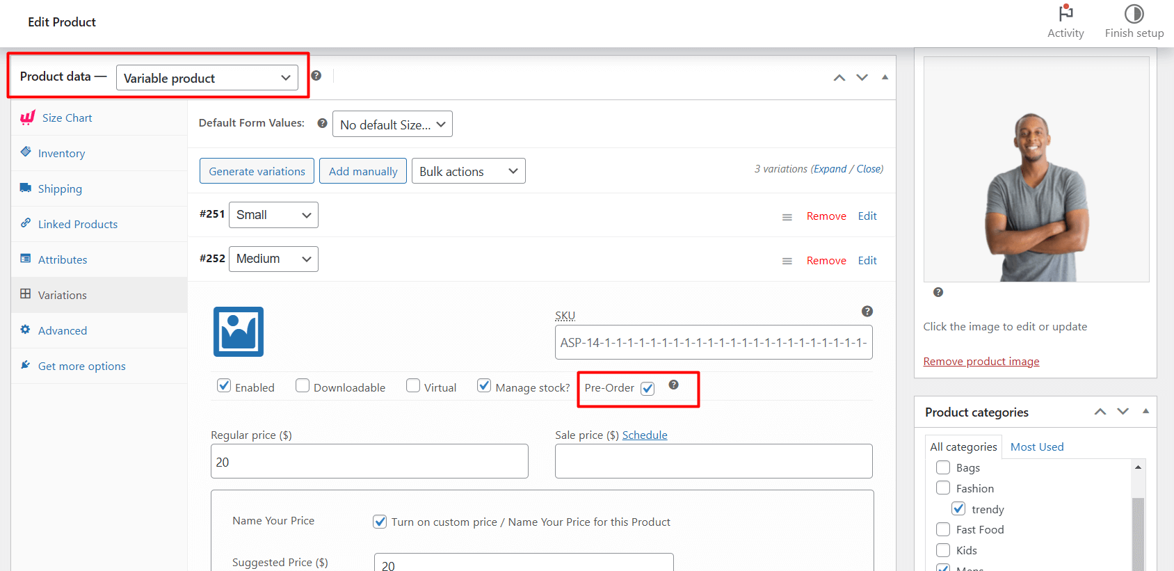 preorder for variable products