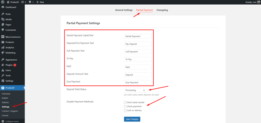 partial payment settings