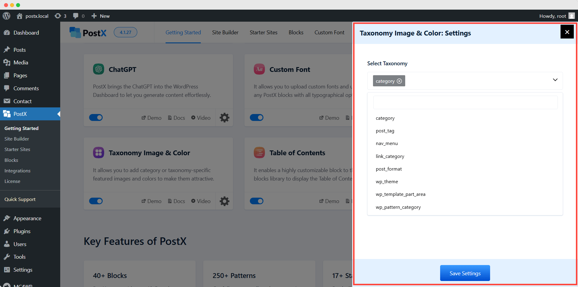 confiquring taxonomy addon