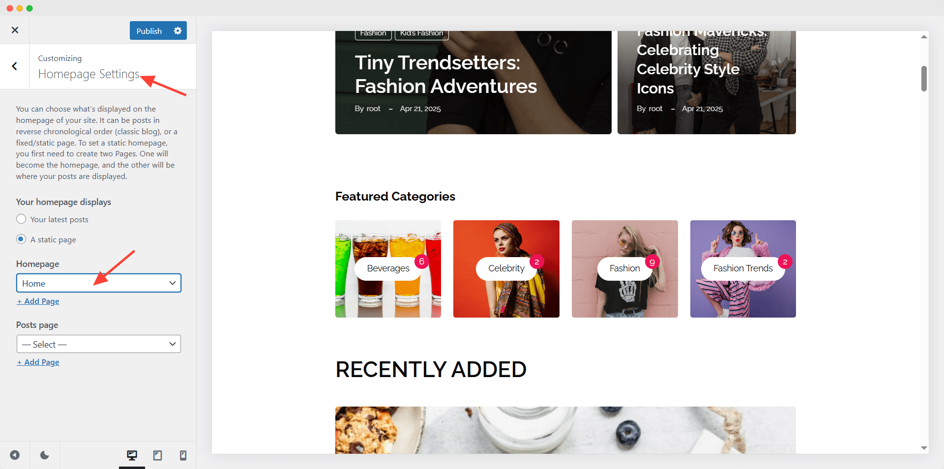 setting the new page as home page