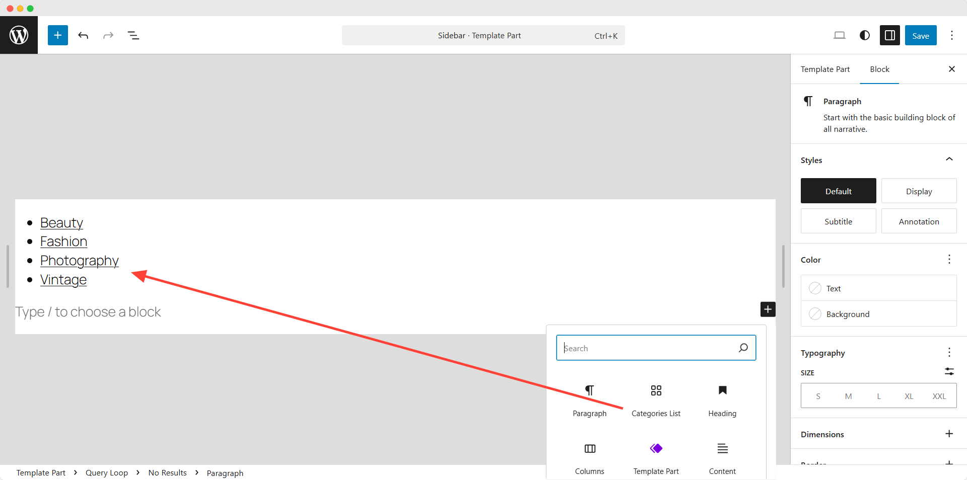 adding category list block to sidebar