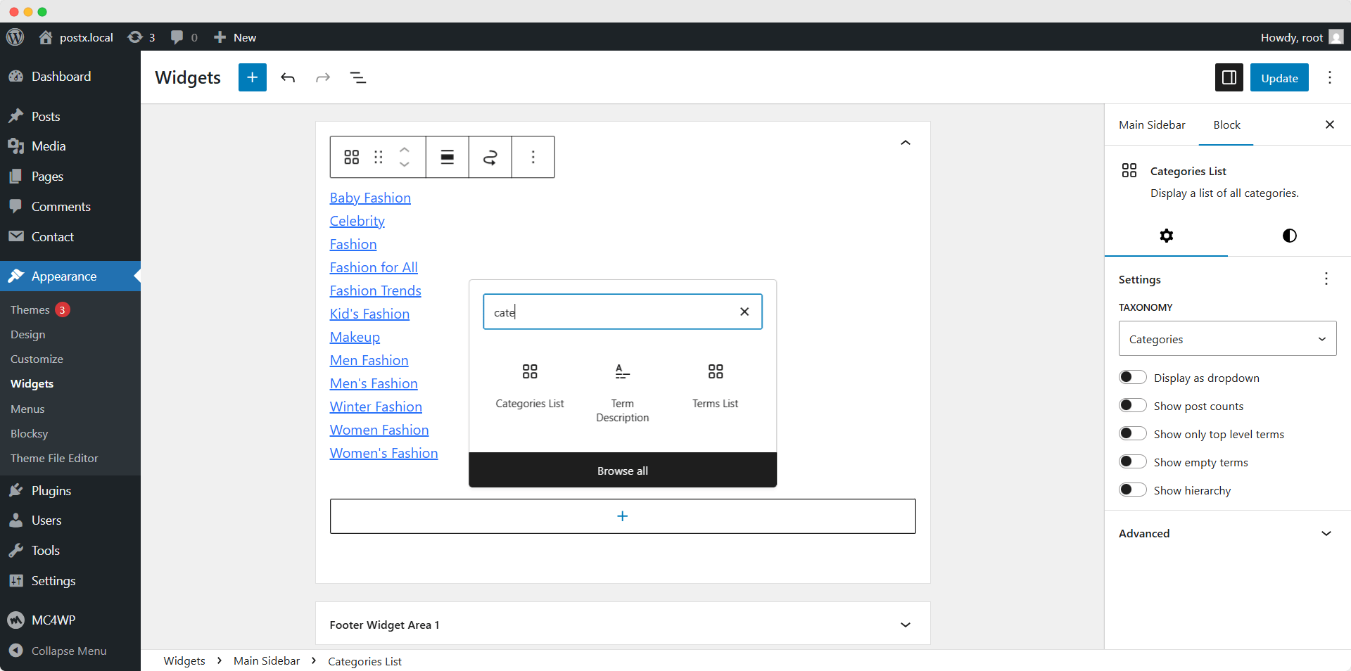 adding category list block to widget