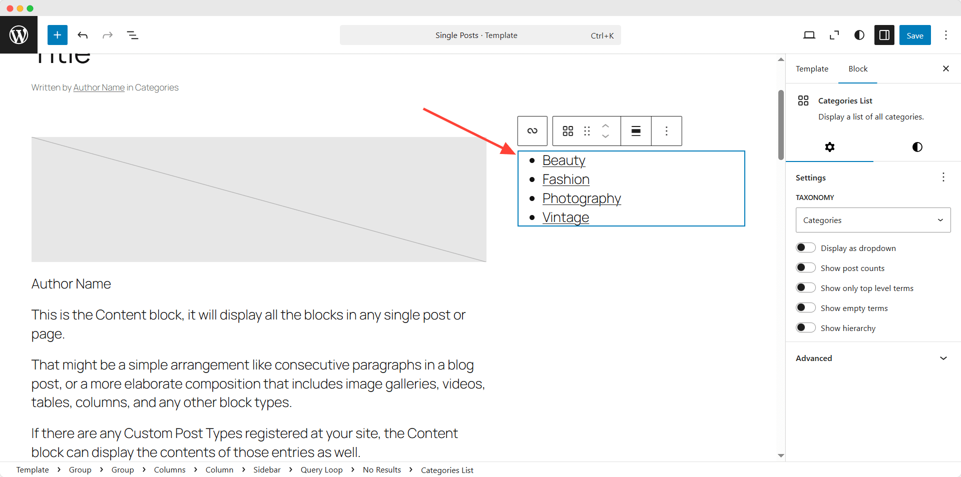 adding sidebar template to single post template