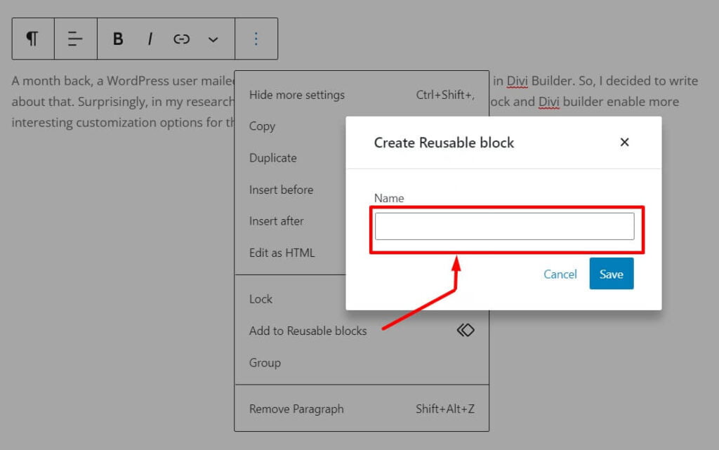 reusable blocks option in gutenberg