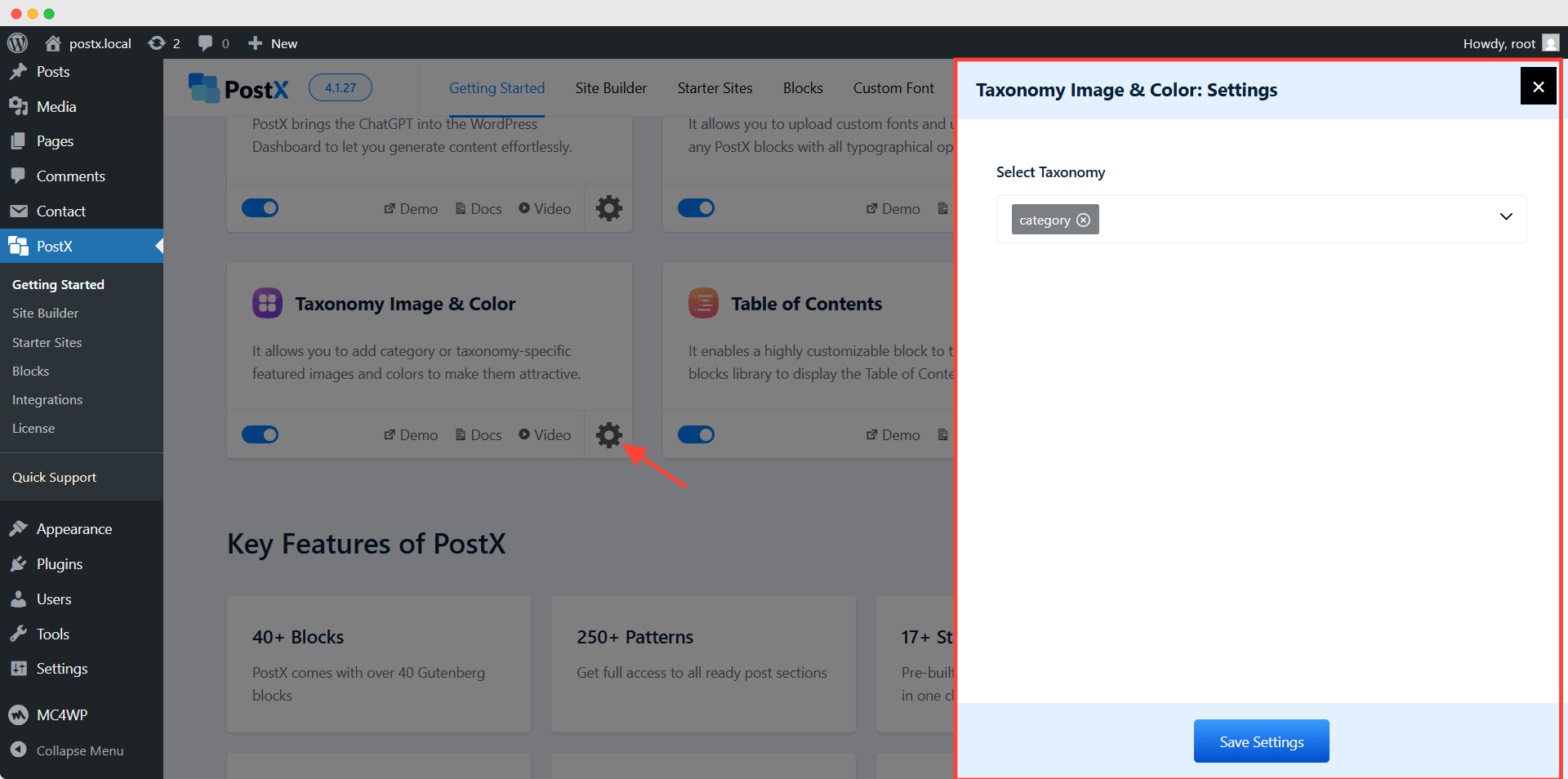 setting section of taxonomy addon