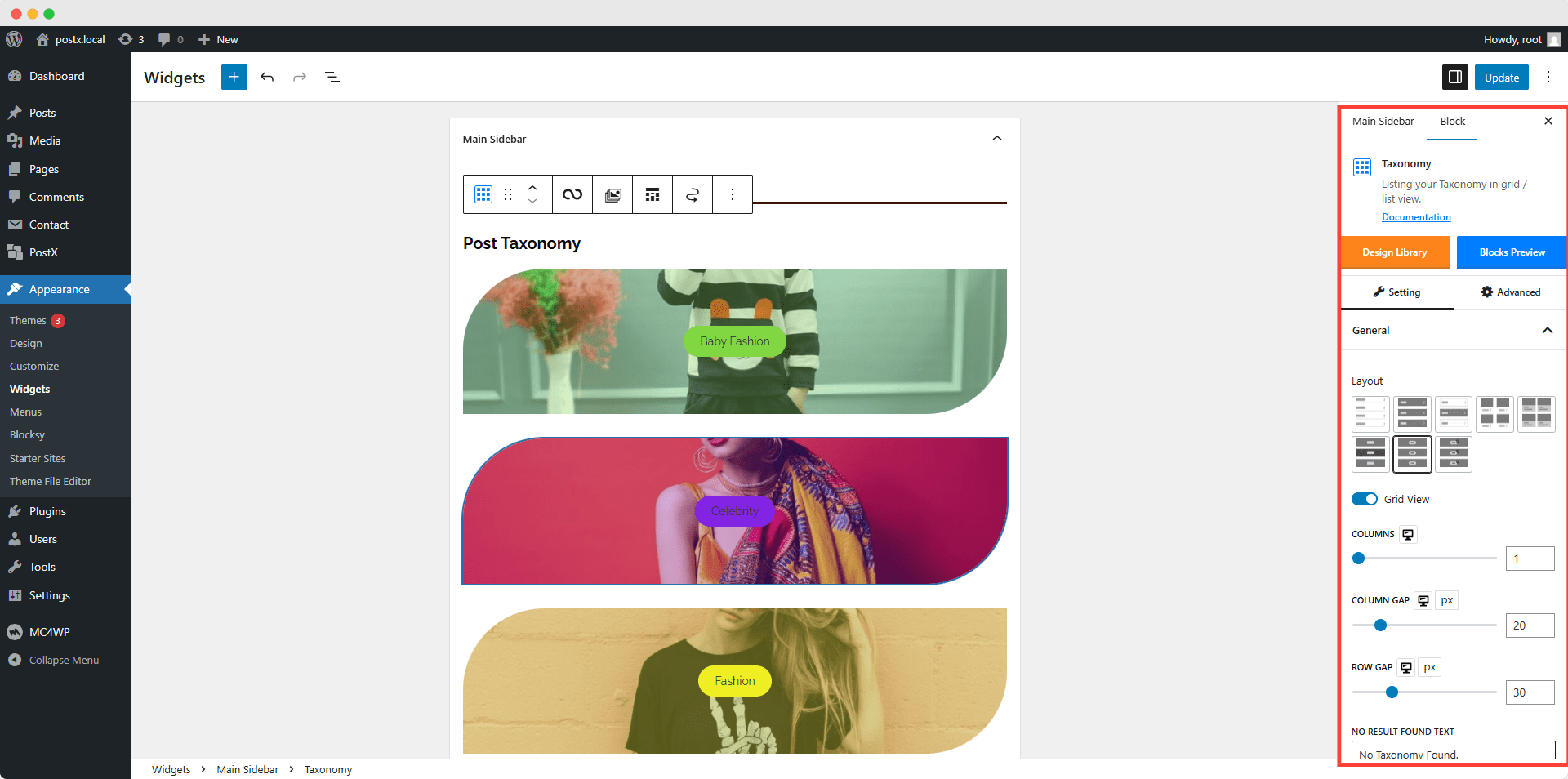 taxonomy block customization options