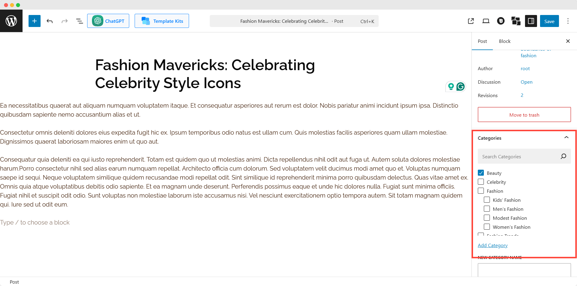 Assigning post to categories