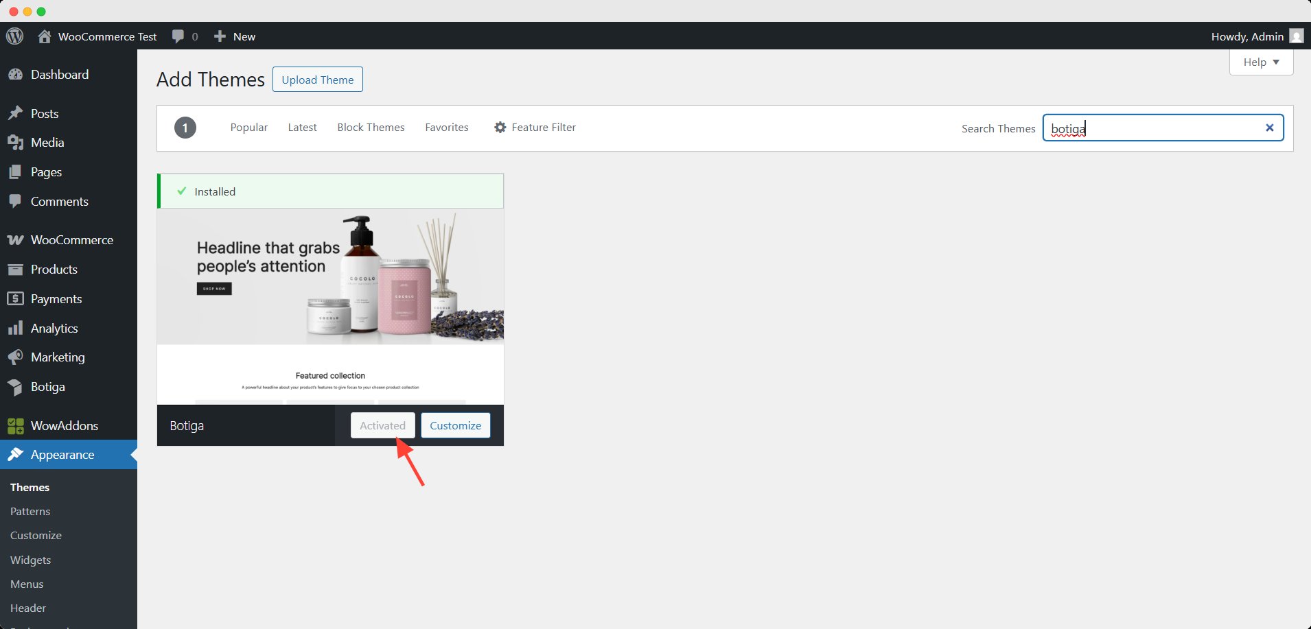 Install and Activate the Botiga Theme
