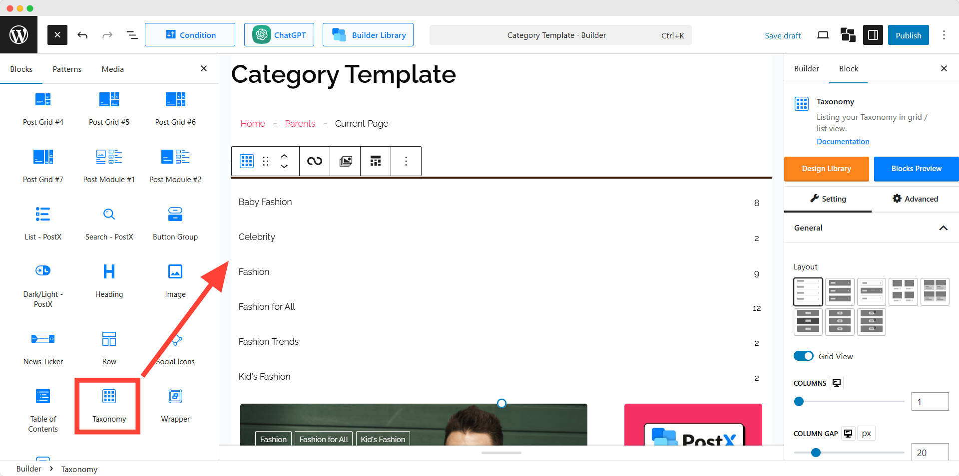adding taxonomy block
