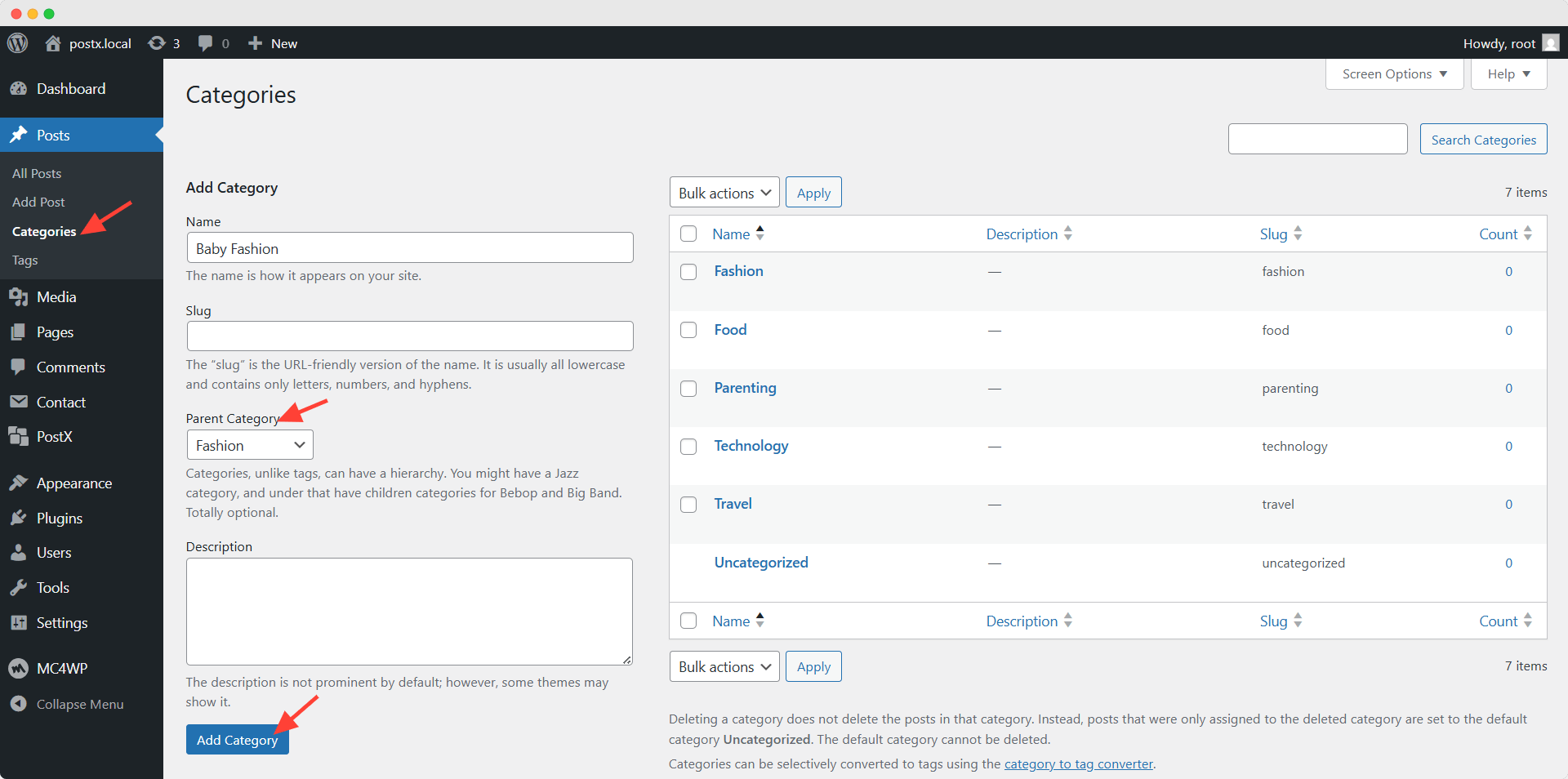 creating a subcategory