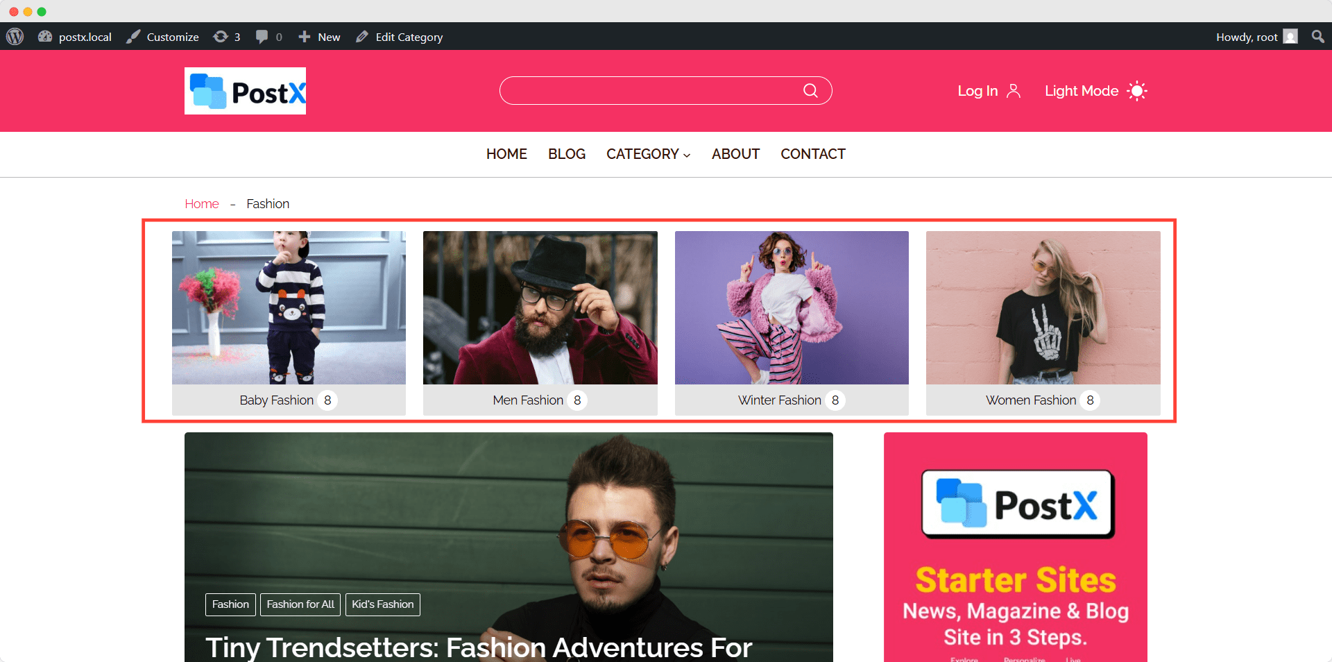displaying wordpress subcategories on category page