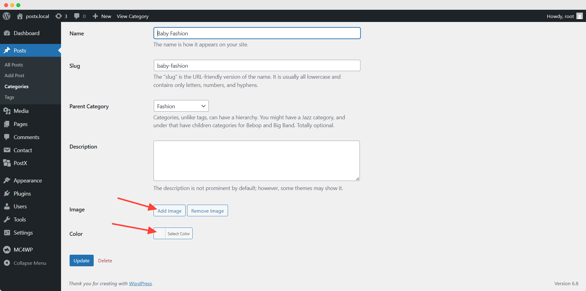 image and color adding options for categories