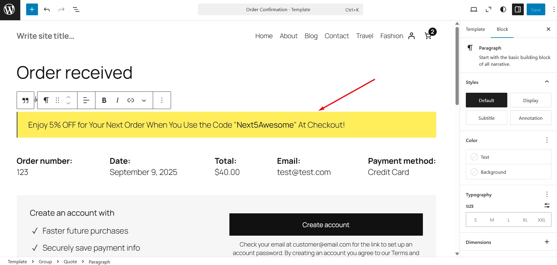 order confirmation page customization with theme