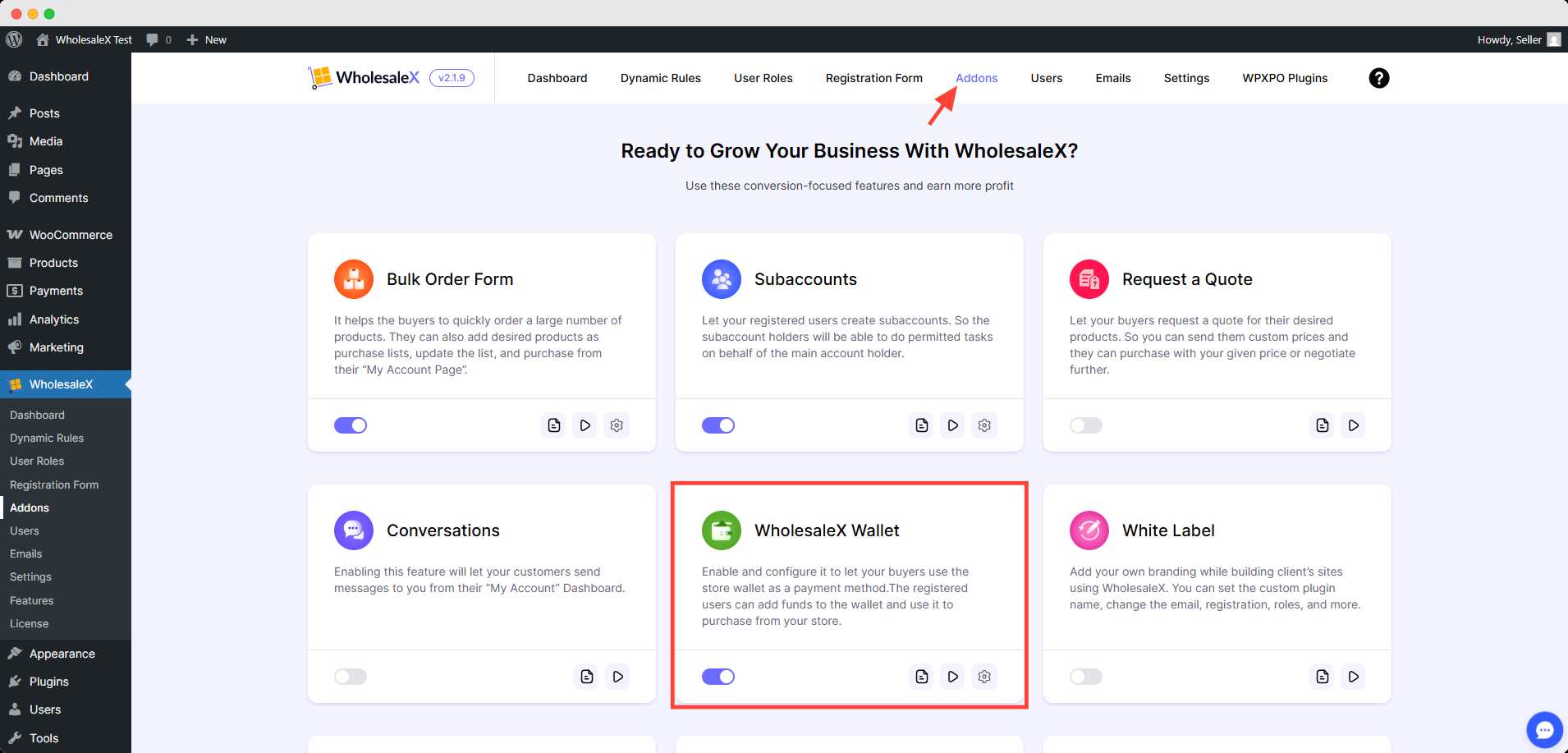 Turn on the WholesaleX Wallet addon