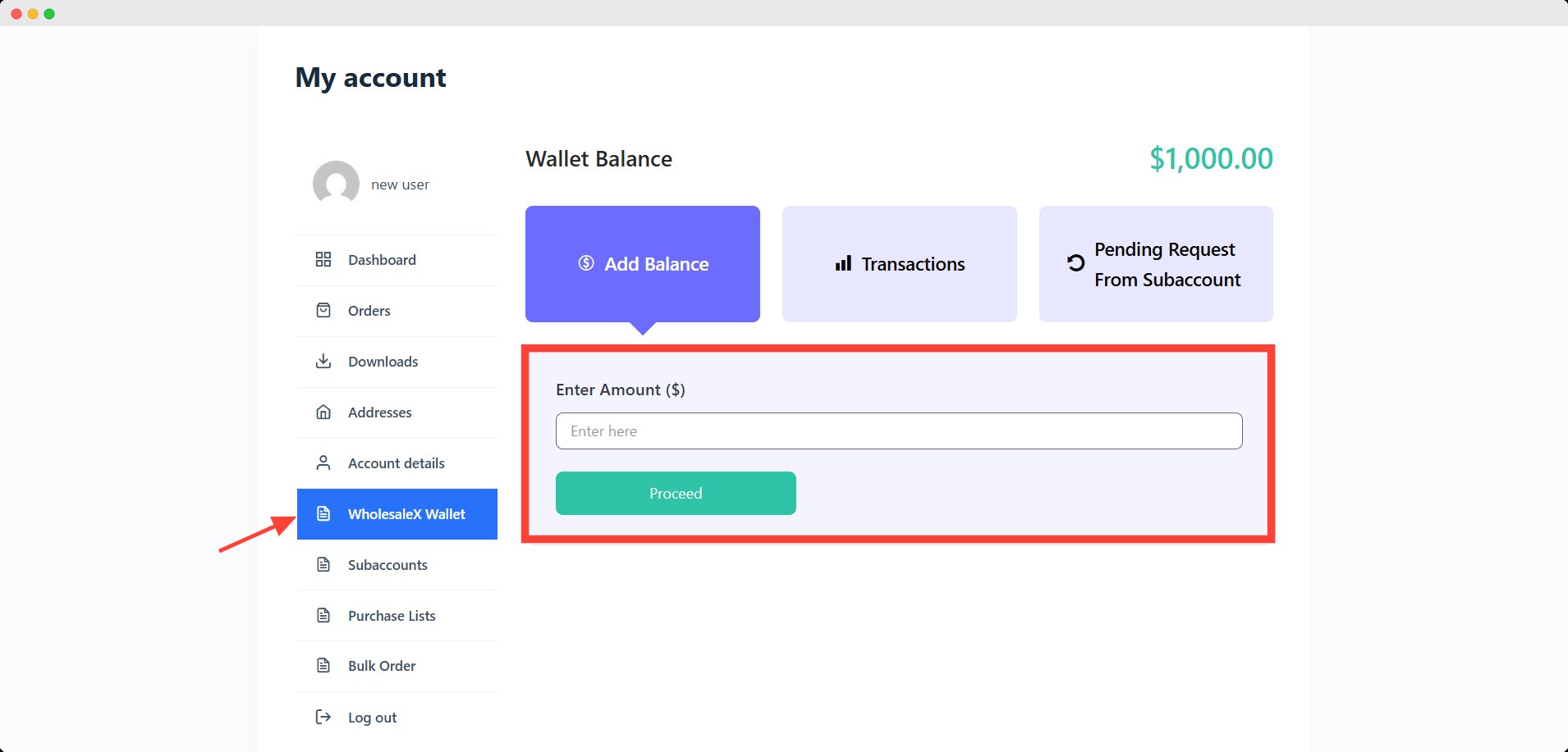 wholesalex wallet balance and history