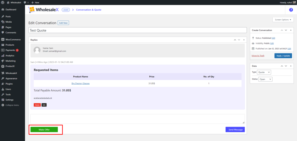 Request a Quote Detailed View from Admin Panel