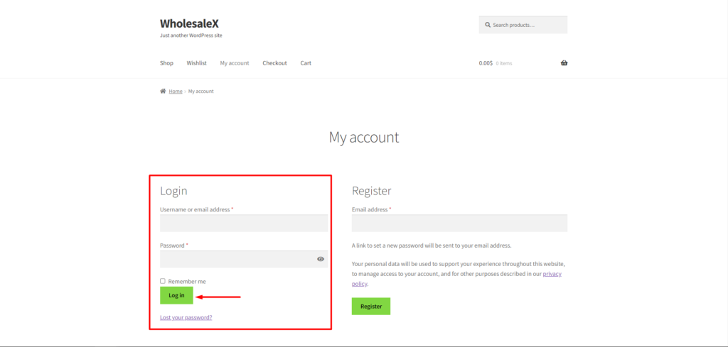 WholesaleX Log In Page for Registered User