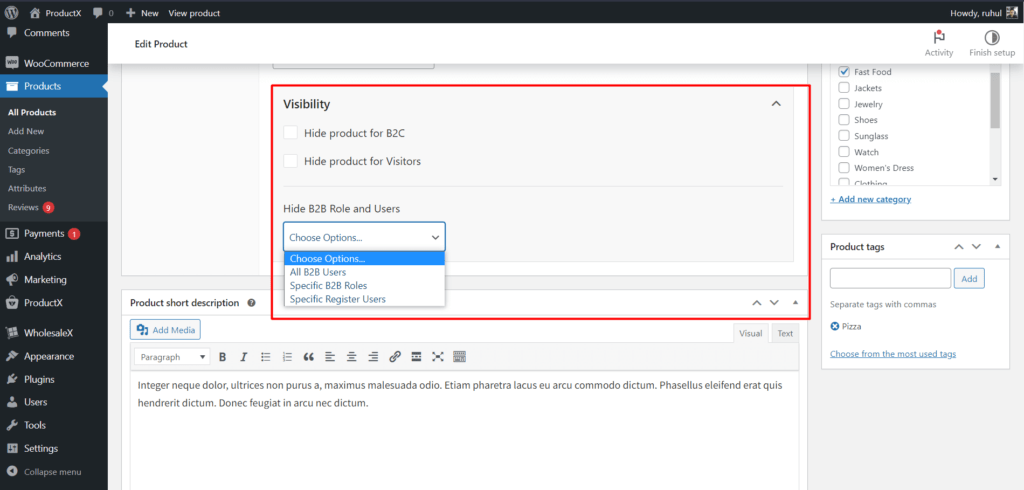 WholesaleX Visibility Settings for Product Page