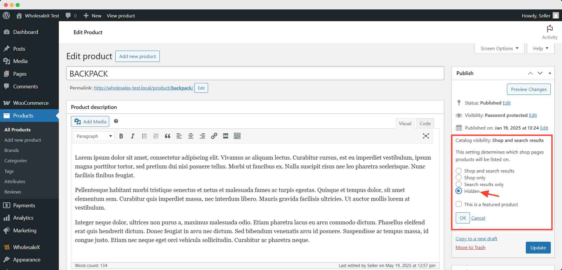 Set the catalog visibility to hidden
