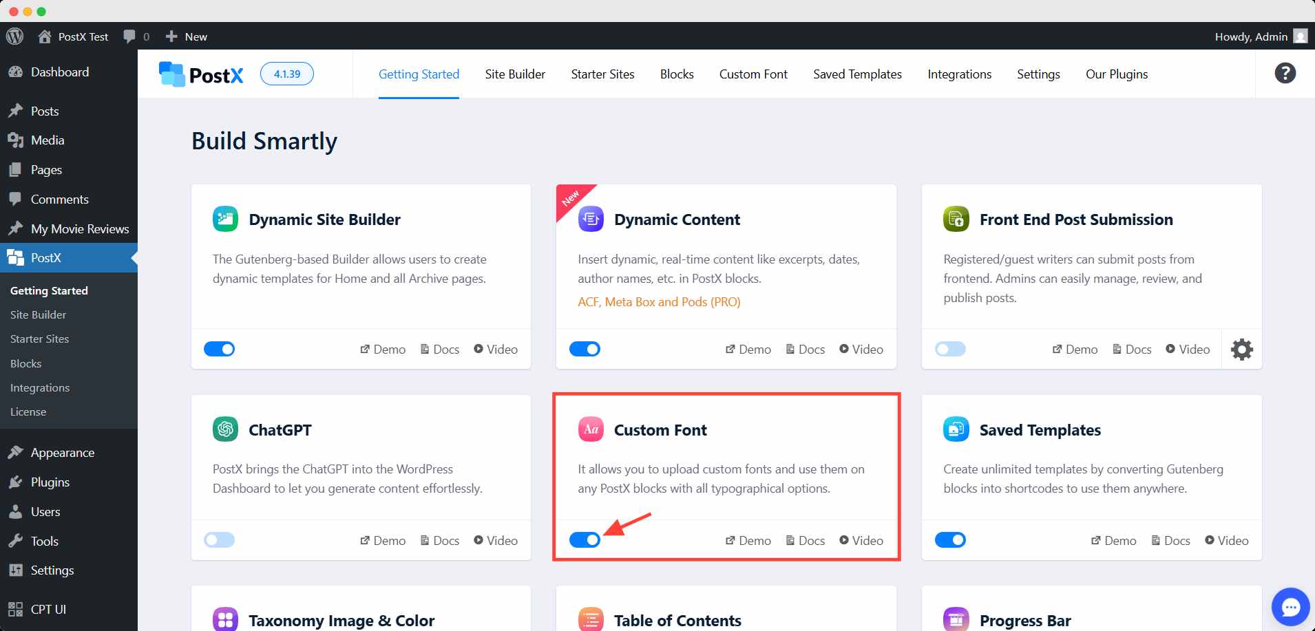 Turning on the Custom Font Addon