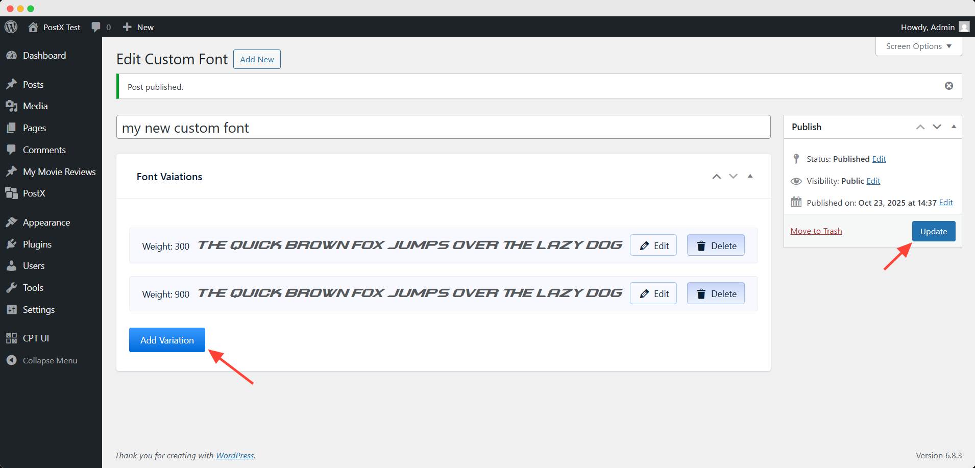 publishing the added custom font