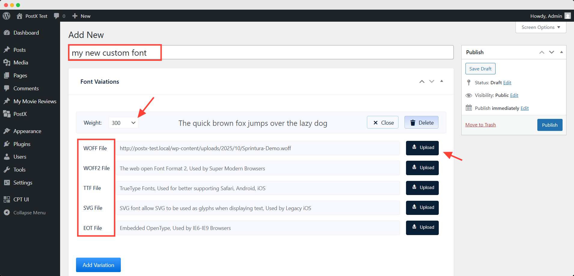 uploading the custom font file