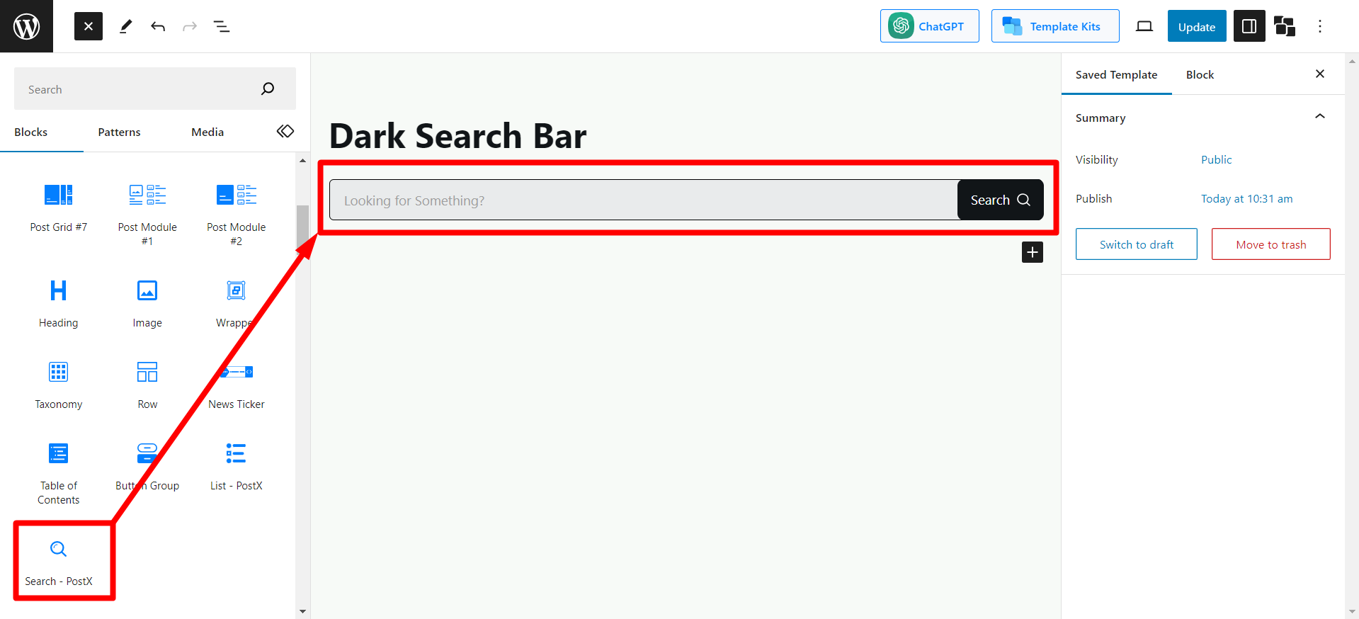 Add Search Block in Saved Template