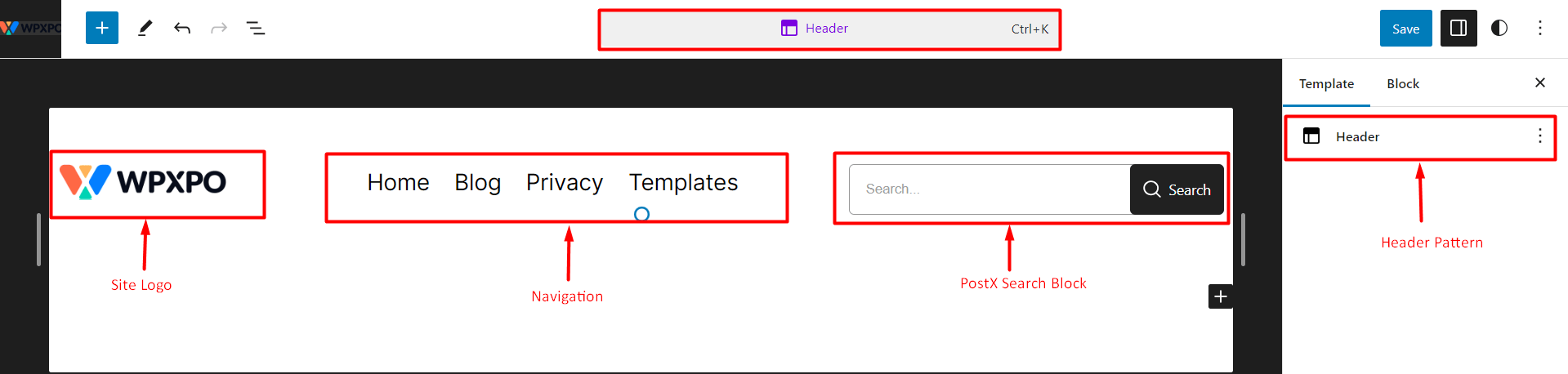 Header Template Part Design in Editor