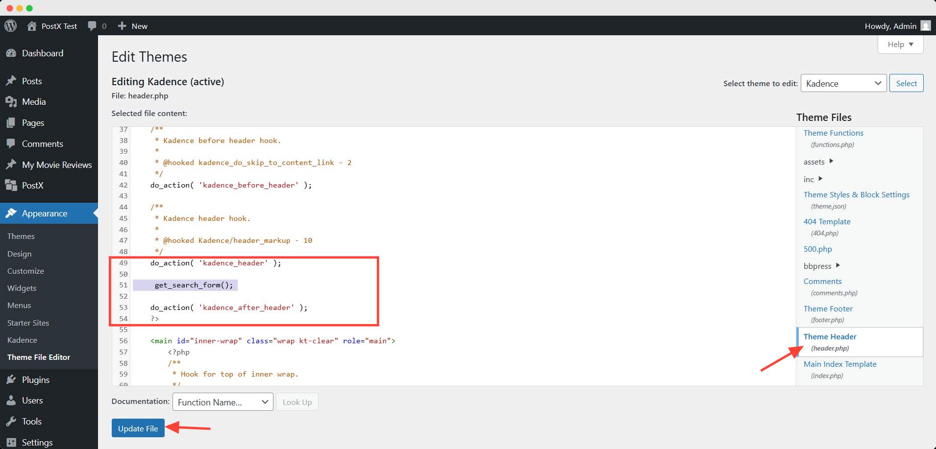 add custom code to theme header file