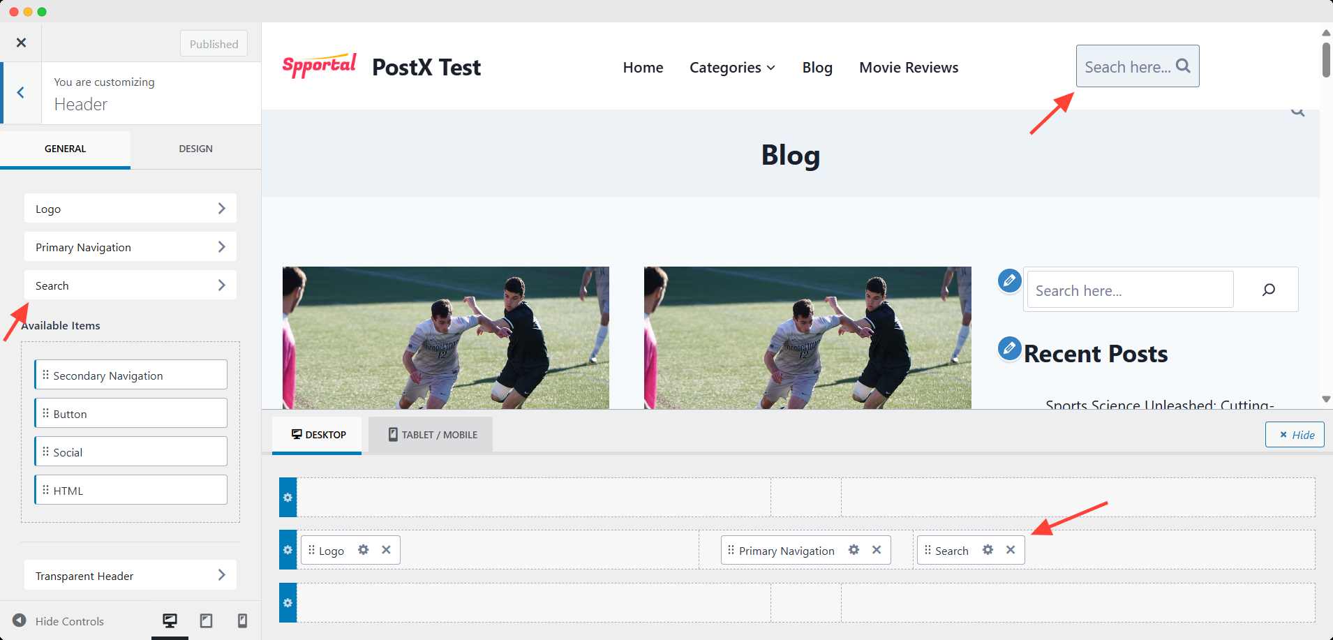Place the search bar on the header