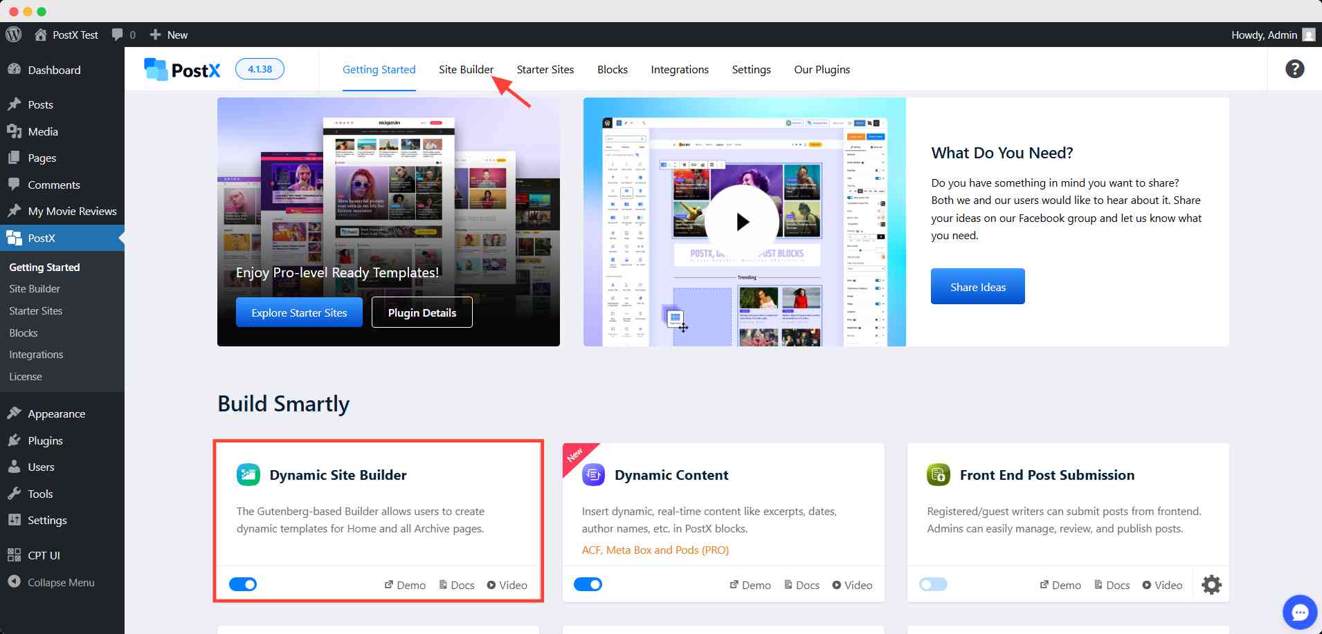 turn on dynamic site builder